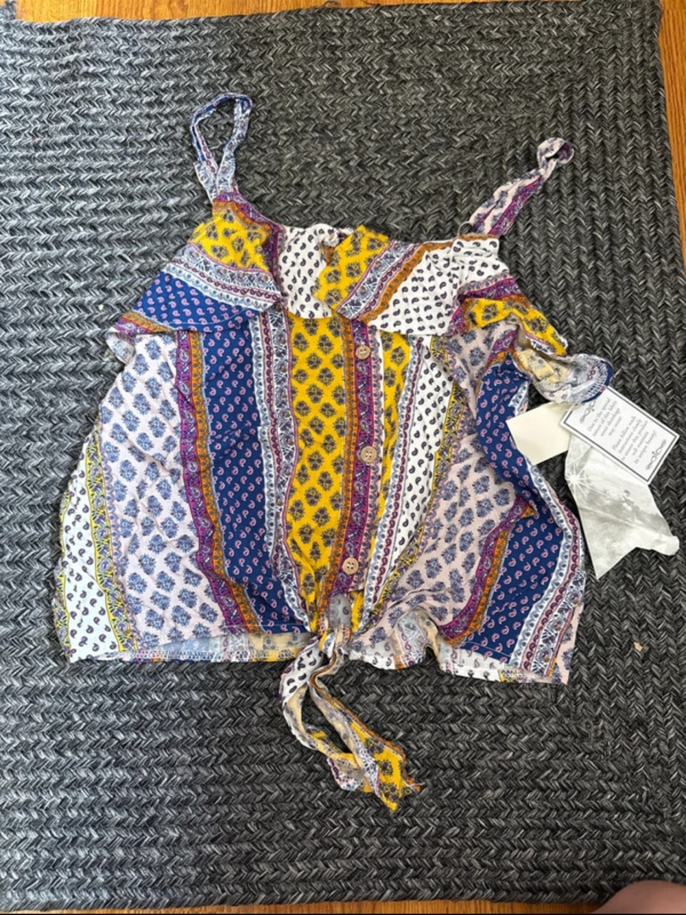 Almost Famous Yellow & Blue Patchwork Tie-Front Crop Cami